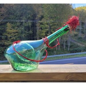 Vintage Green Glass Rare Horizontal Wine Decanter With Ice Chamber & Corks EUC